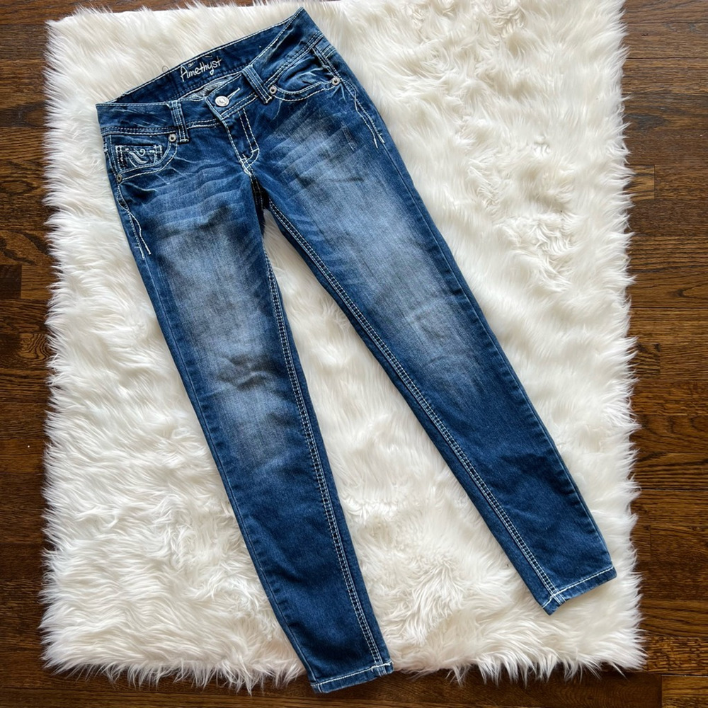Amethyst Womens Slim Skinny Jeans Blue Stretch Pockets Embroidered Low Rise 0